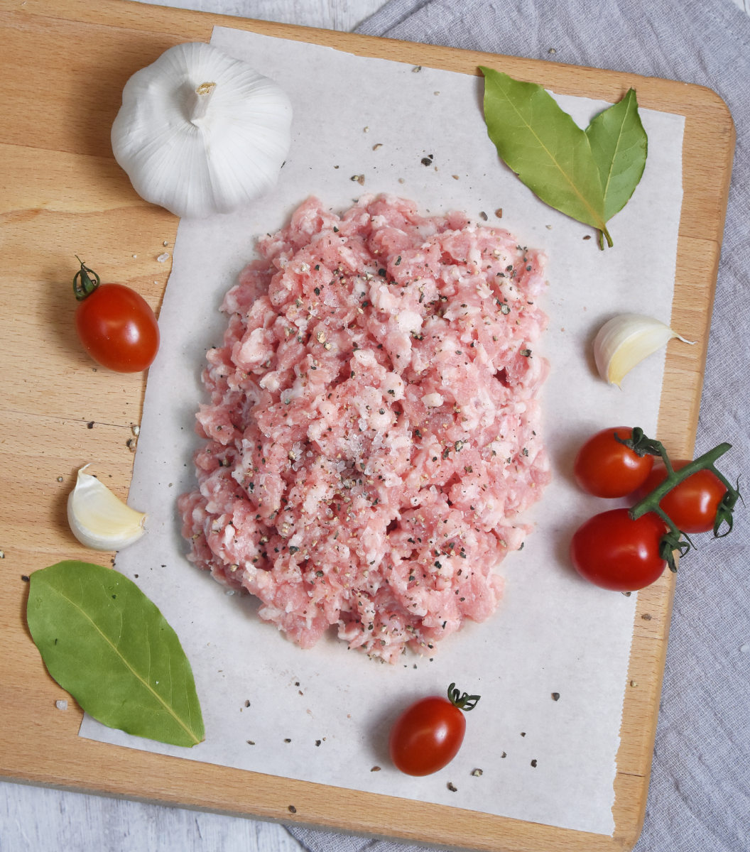 marinated Wicks Manor English Pork Mince with cherry tomatoes and garlic by aside