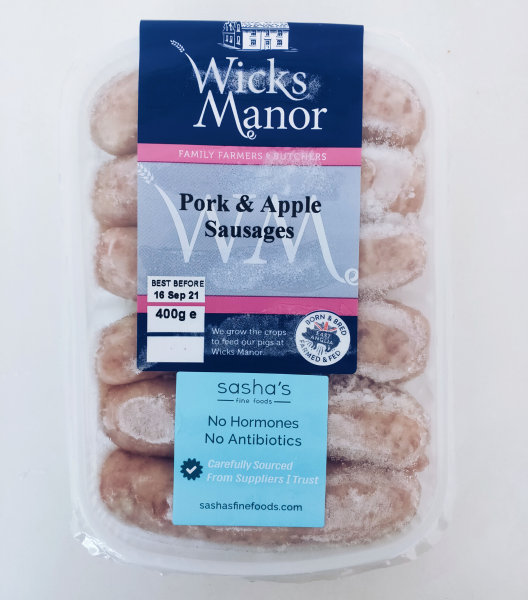 Pack of frozen Wicks Manor English Pork & Apple Sausages - 400g | Sasha's Fine Foods Online Grocery in Singapore